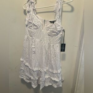 White Ruffled Dress with Tie‎ Straps